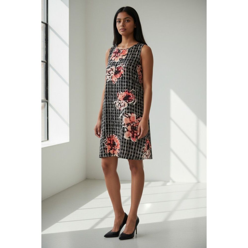 Floral Plaid Shift Dress Womens Large Sleeveless Work Casual Office